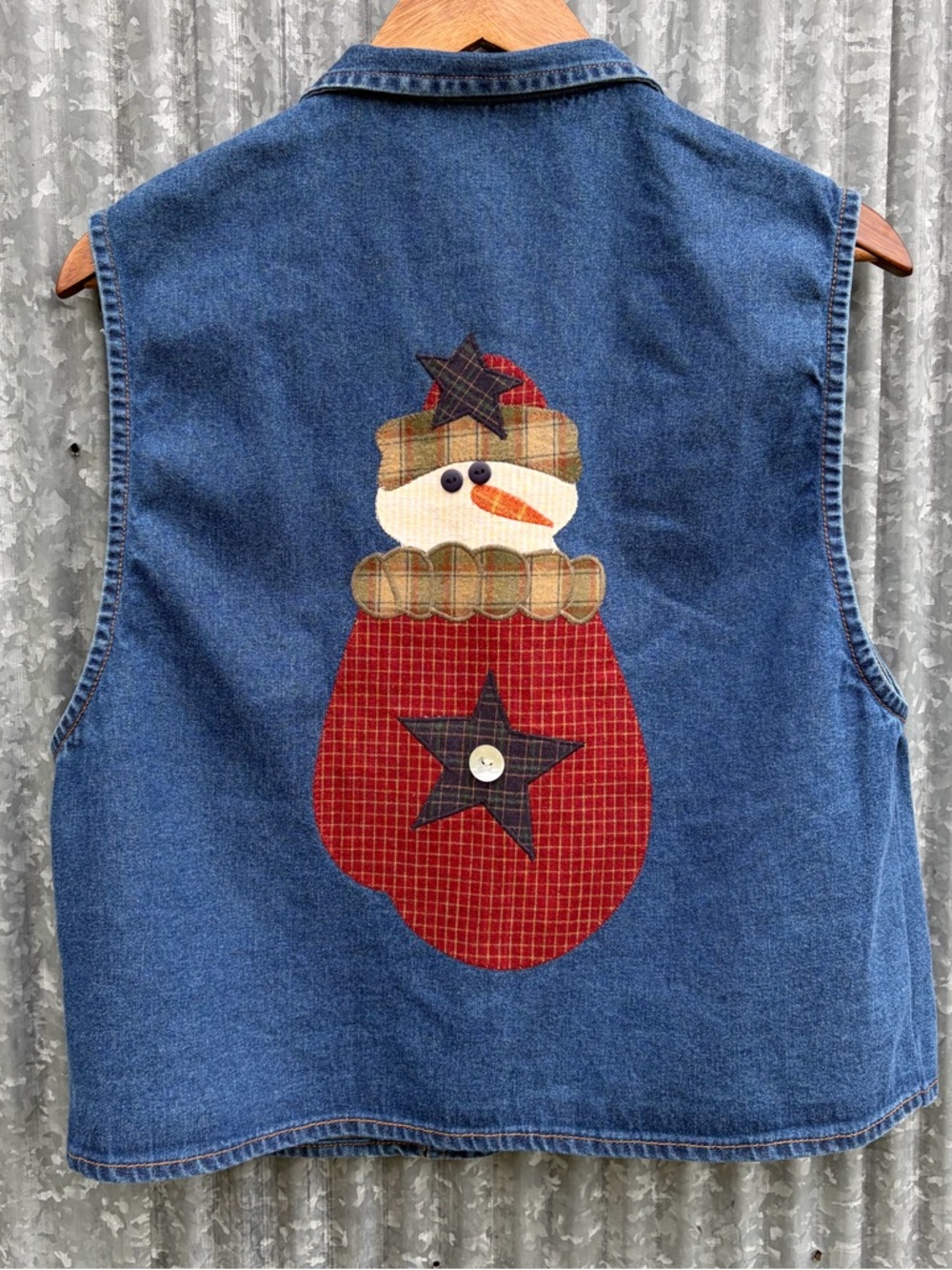 Grandma Denim Vest with patches Snowman Mitten Winter